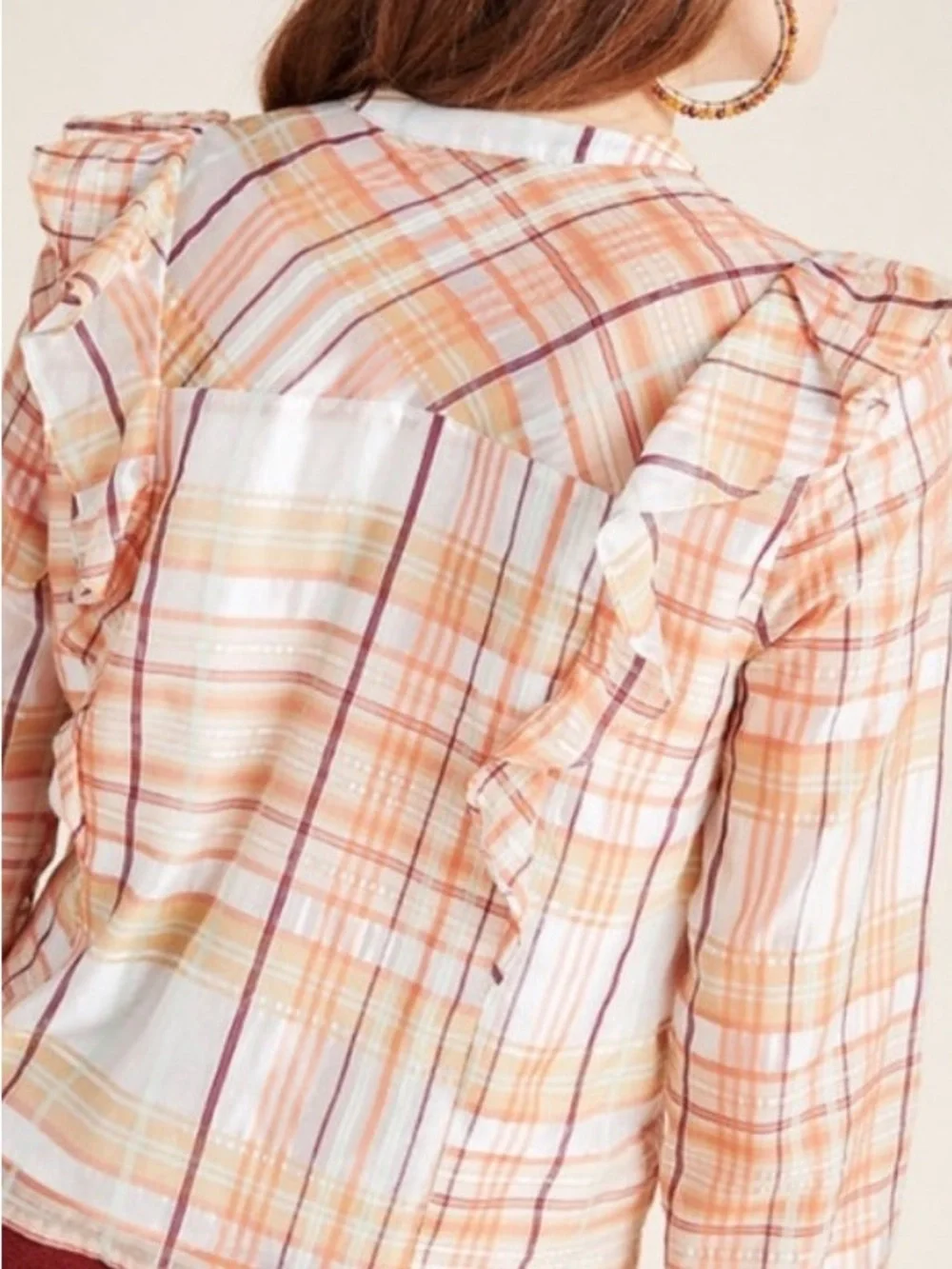Current Air | Anthro NWT Polly Plaid Ruffle Shoulder Long Sleeve Peasant Blouse - Picture 3 of 15